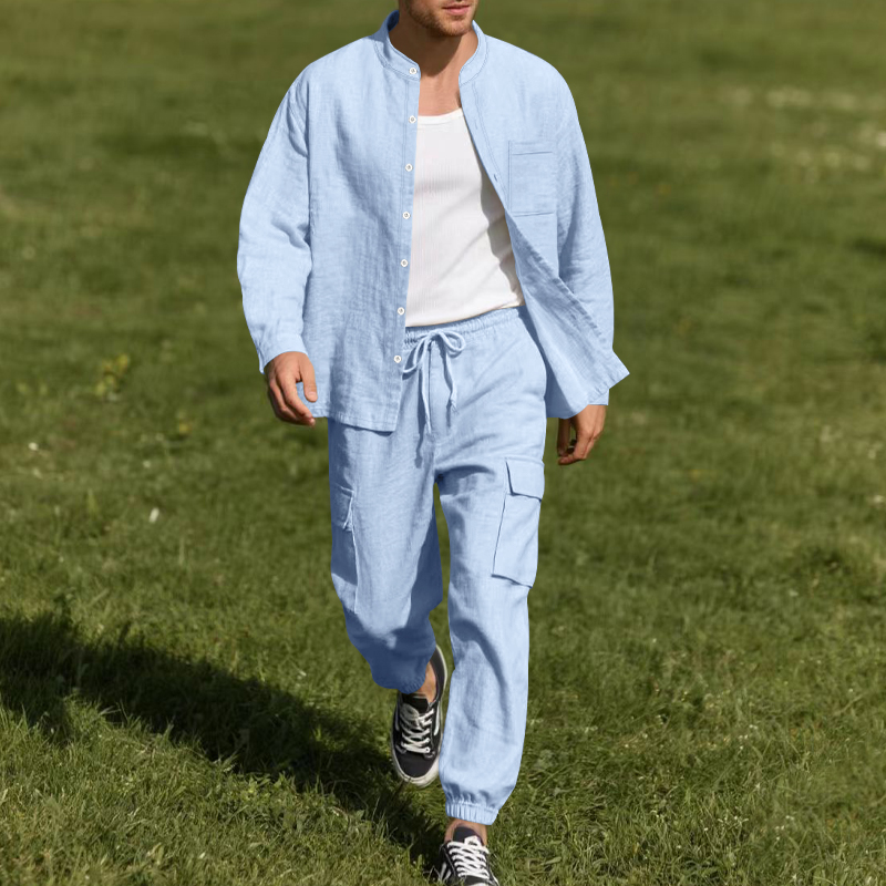 Mens Linen Shirt Long Sleeve - Herren Leinen Atmungsaktives Zweiteiler-Set mit Stehkragen-Langarmhemd