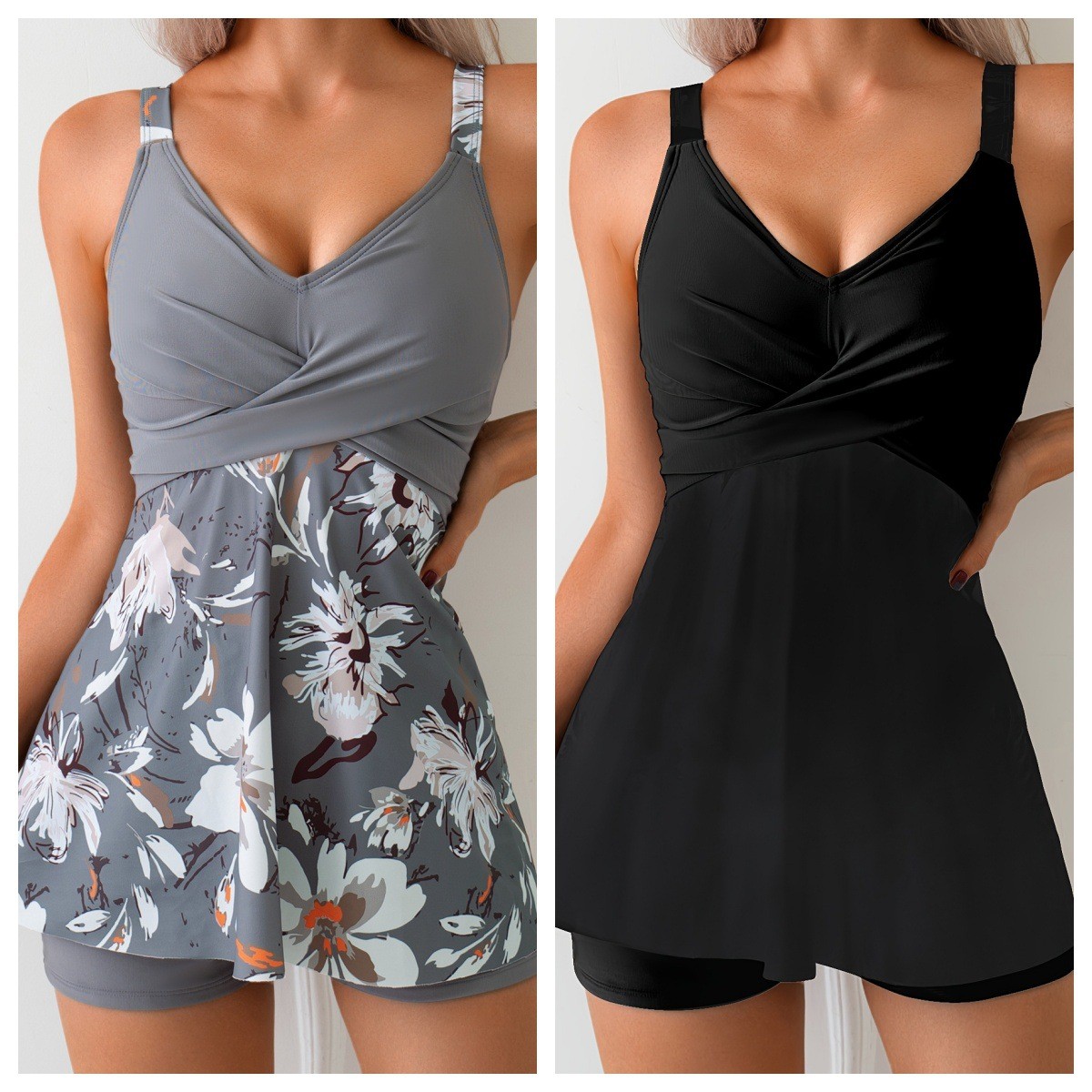 Shorts - Badeanzug Damen Tankini Zweiteilig V-Ausschnitt Tankini-Oberteil