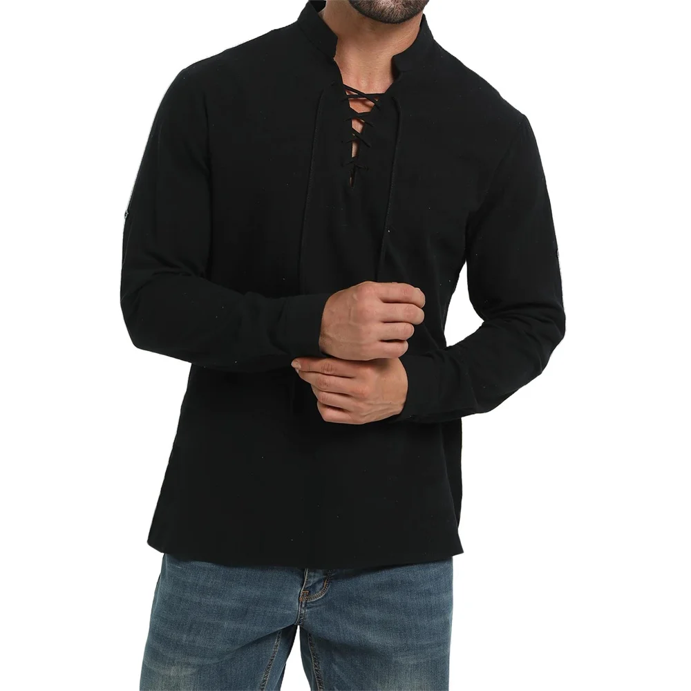 Medieval Gothic Lace Up Pirate Shirt - Frühling Herbst Herren Piratenhemd Vintage Mittelalter