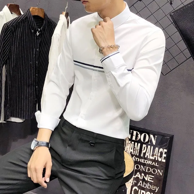 Mandarin Collar Formal Shirt Slim Fit - Herrenhemd mit Stehkragen, langen Ärmeln, kontrastfarbenen