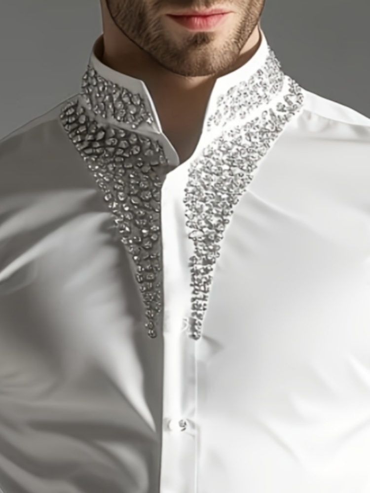 Mandarin Collar Formal Shirt Slim Fit - Luxuriöses Strass-Hemd für Herren mit Stehkragen,