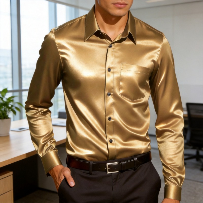 Mens Satin Silk Dress Shirt - Herren Satinähnliches Eisseide-Hemd Slim Fit Langarm