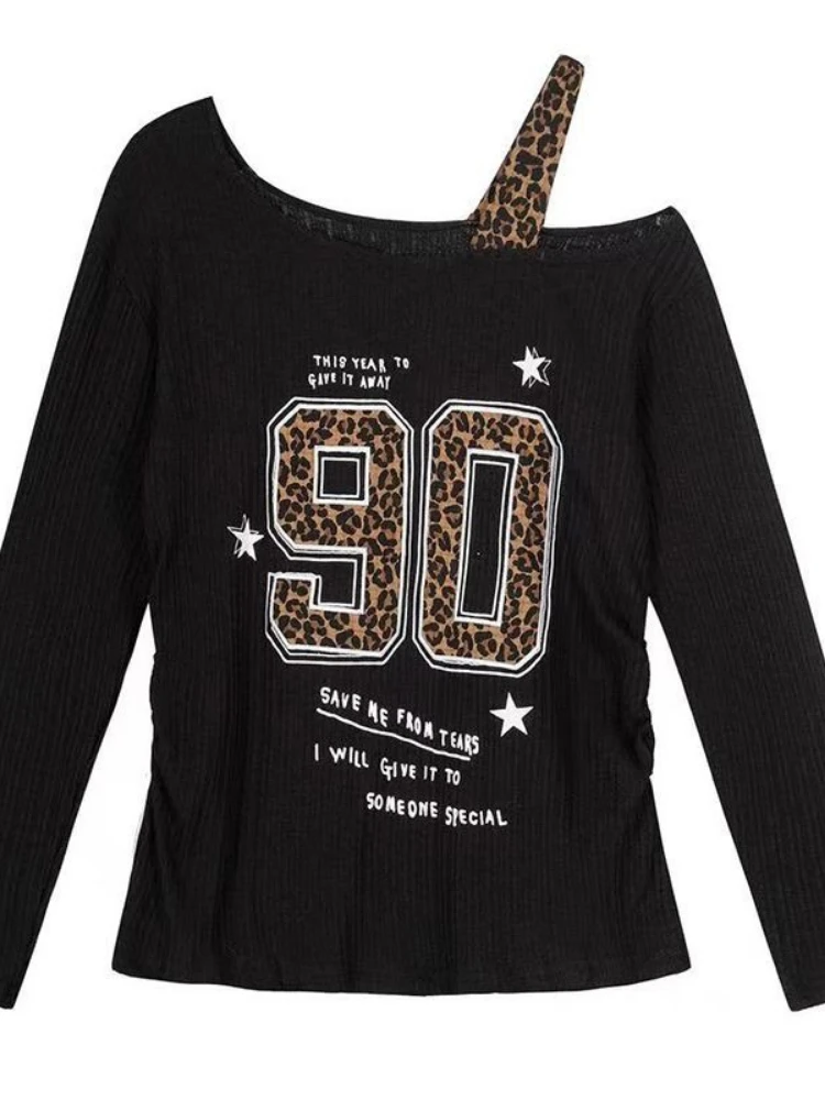 T-Shirts - Y2K Patchwork Leopardenmuster T-Shirt Damen Locker