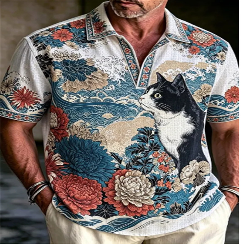 Vintage Hawaiian Floral Shirt - Herren Kurzarm-Poloshirt Vintage Ukiyo-e Katzen-Blumen-Wellen-Druck Reverskragen