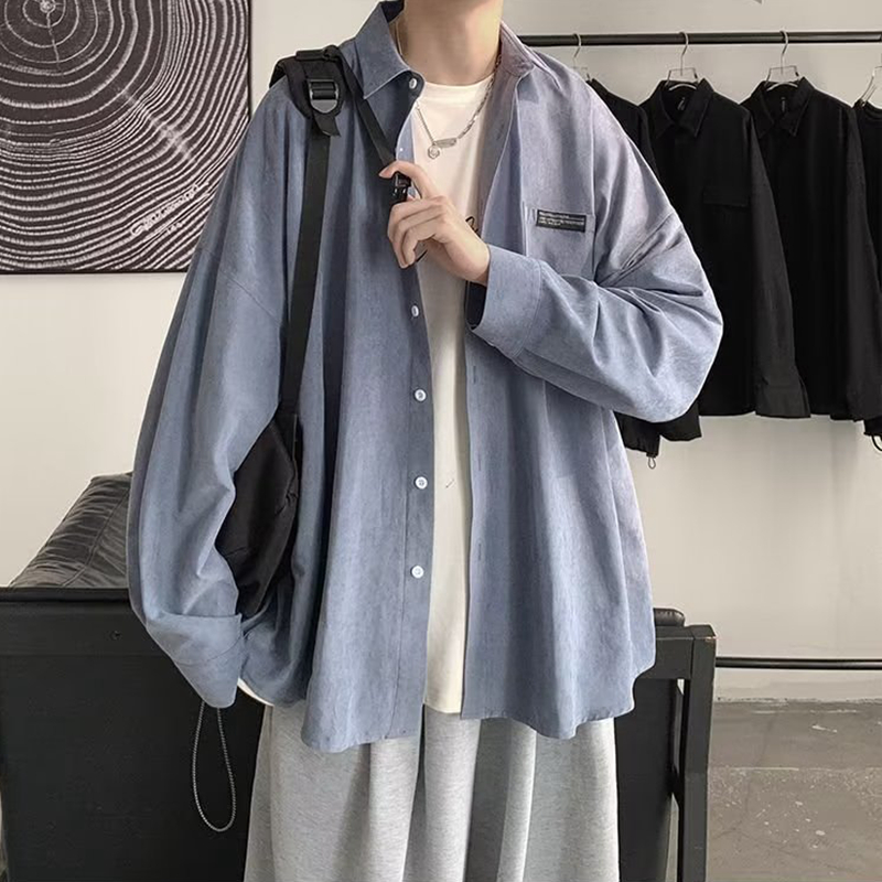Corduroy Button Up Shirt Men - Korean Fashion Schwarz Langarm Shirts 2023