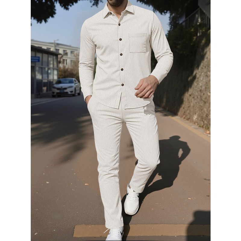 Corduroy Button Up Shirt Men - Herren Cordhemd Zweiteiler Set Langarm Offenes