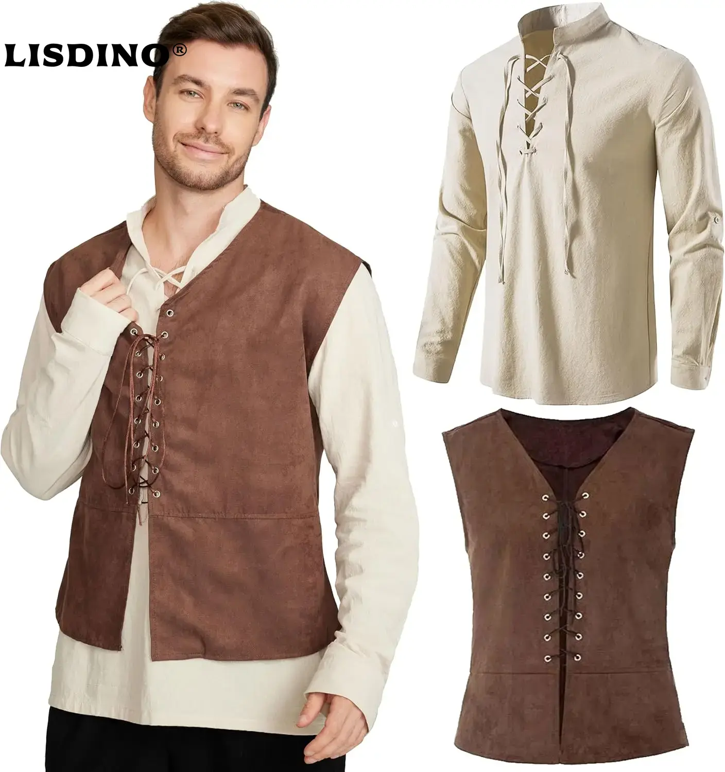 Medieval Gothic Lace Up Pirate Shirt - 2-teiliges Set Herren Mittelalter Piratenweste Langarmshirt