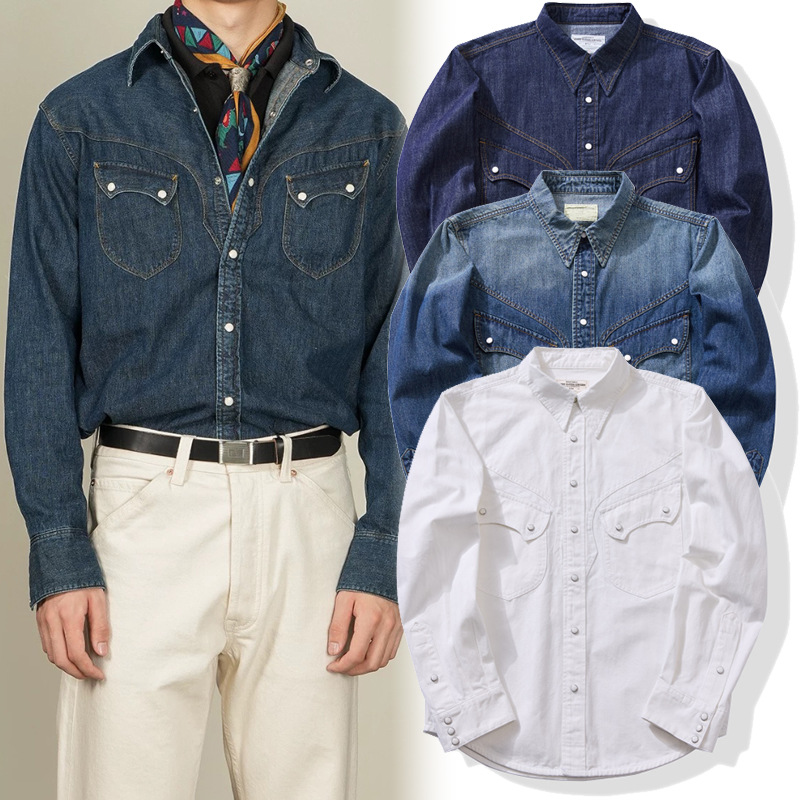 Mens Western Denim Pearl Snap Shirt - American Vintage Pearl Snap Westernhemd –