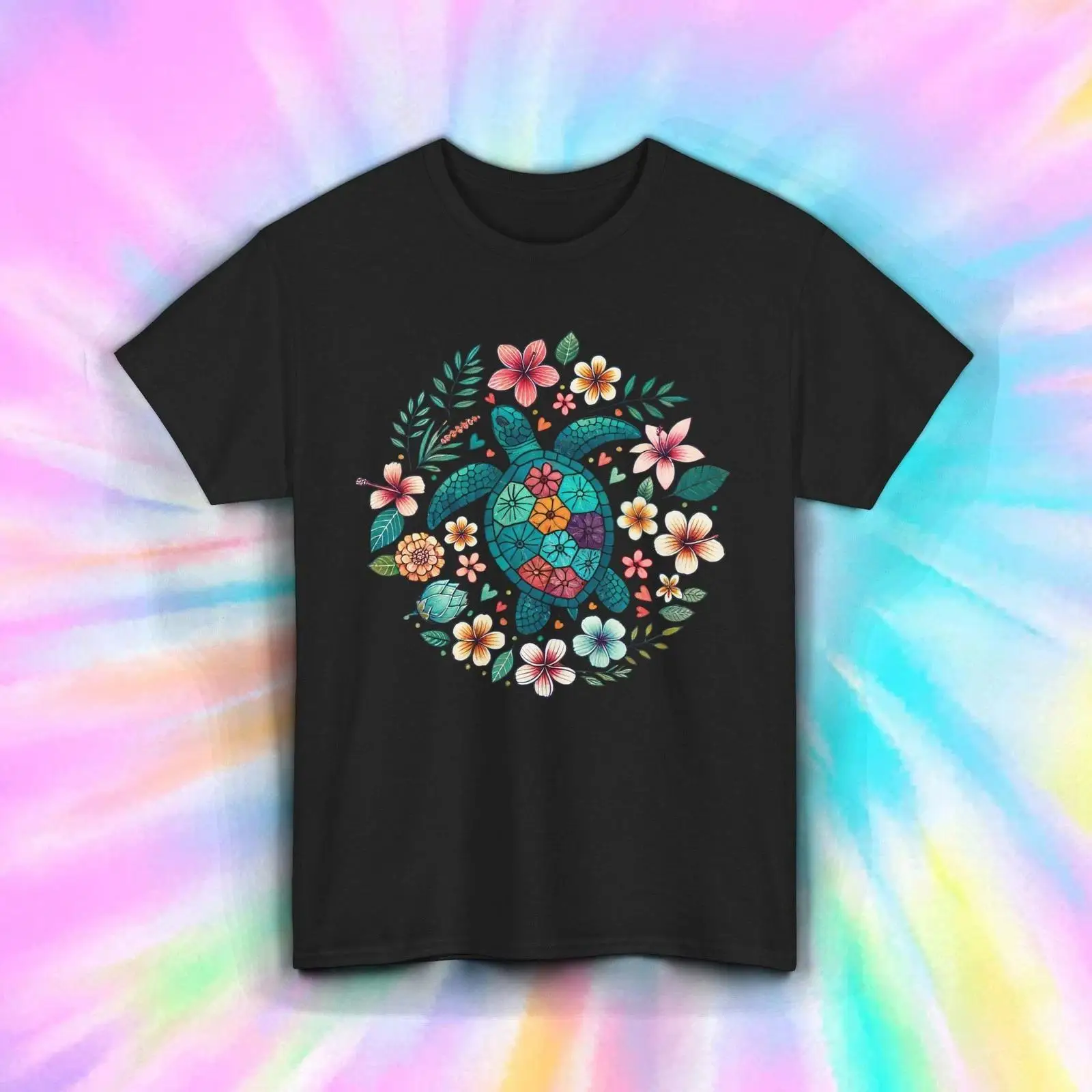 Vintage Hawaiian Floral Shirt - Florales Schildkröten-T-Shirt, Mandala, Boho, Strand, Meeresleben,