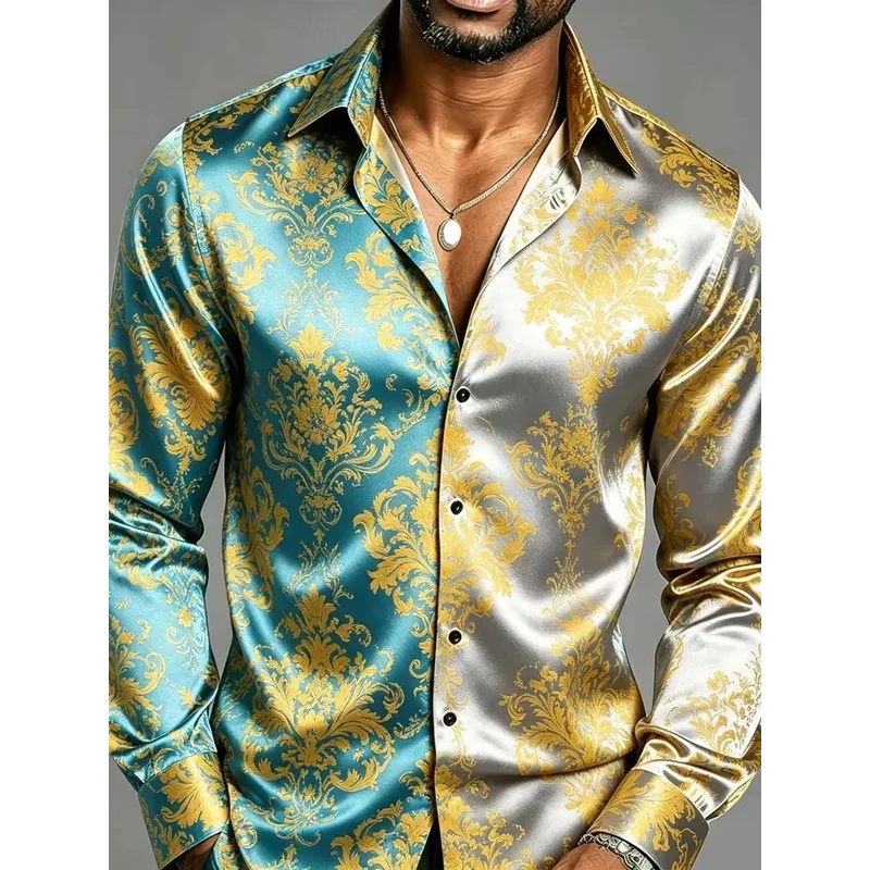 Mens Satin Silk Dress Shirt - Satin-Seidenhemd mit langen Ärmeln, barockem Blumenmuster,