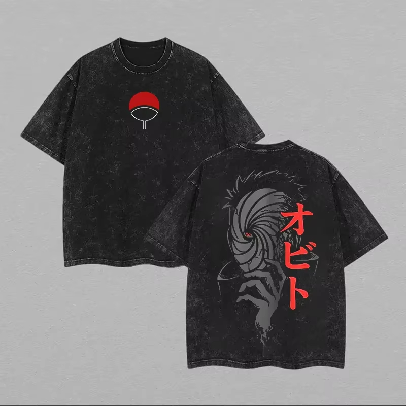 Acid Wash Vintage Graphic T Shirt - Naruto Obito Uchiha T-Shirt mit Maske,