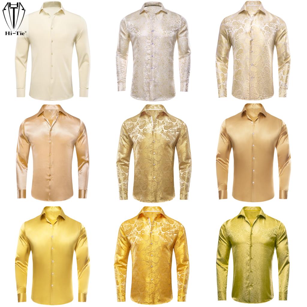 Mens Satin Silk Dress Shirt - Hi-Tie Gold Beige Elfenbein Champagner Seide