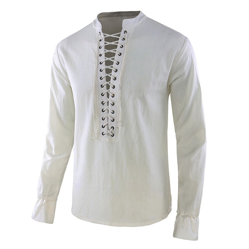 Mens Linen Shirt Long Sleeve - Herren Renaissance-Hemd Piraten Mittelalterliches Wikinger-Oberteil Leinen