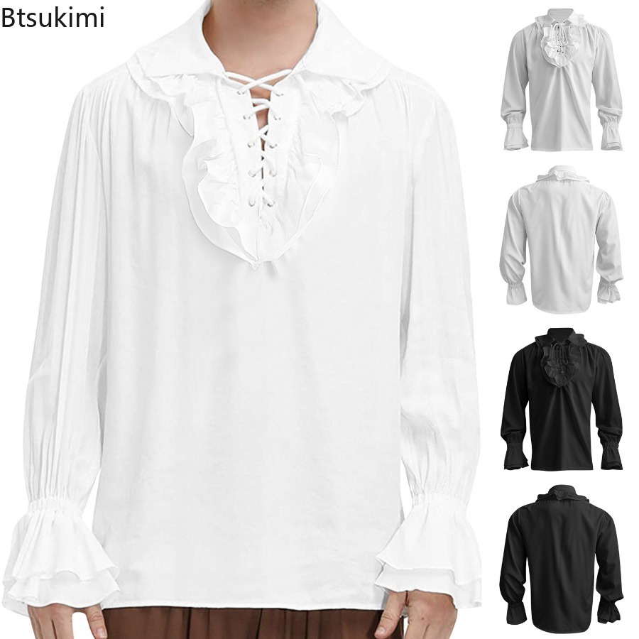 Medieval Gothic Lace Up Pirate Shirt - Mittelalterliches Renaissance-Piratenhemd für Herren, viktorianisches Rüschen,