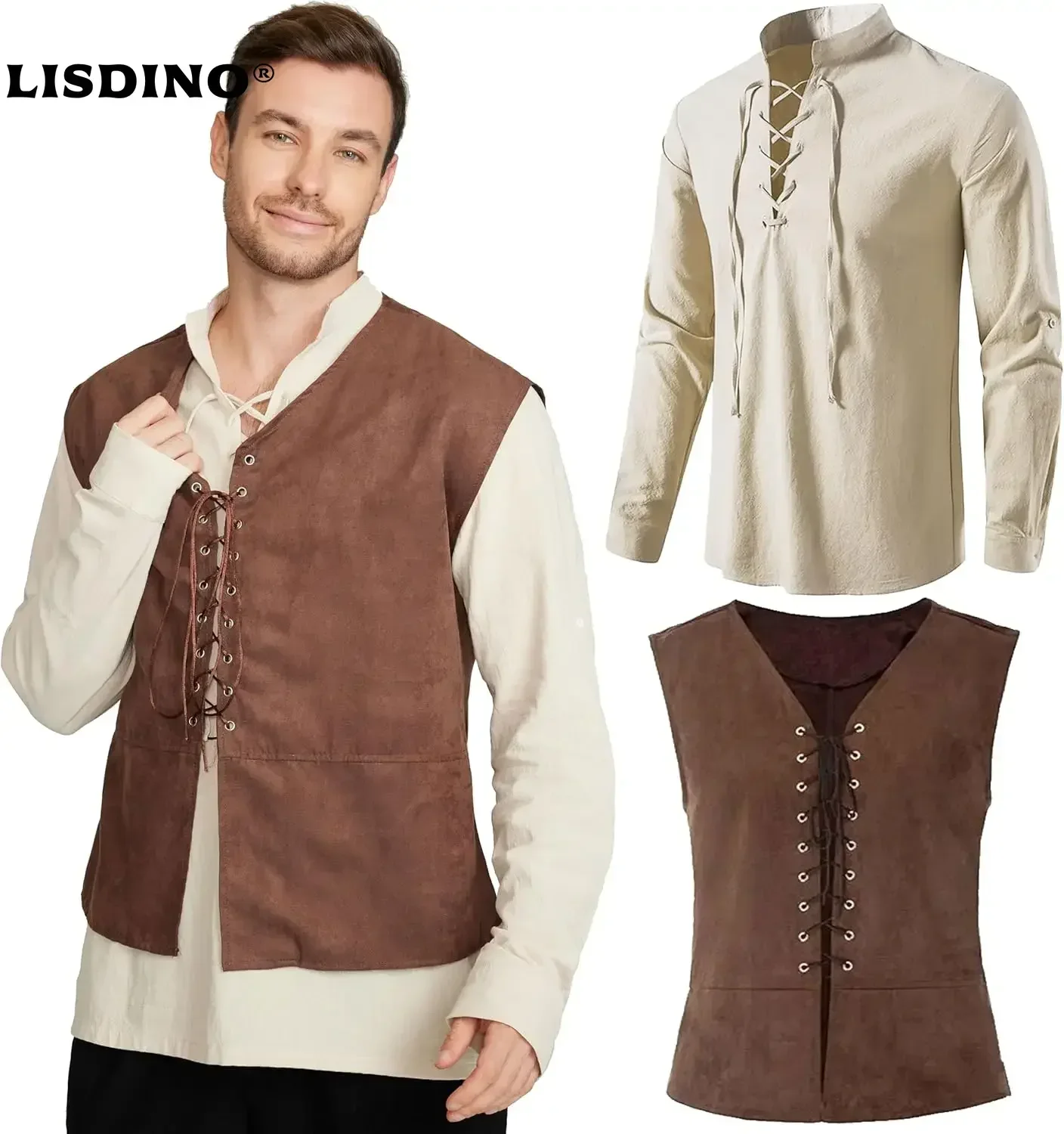 2-teiliges Set für Herren, mit – Medieval Gothic Lace Up Pirate Shirt Bewertung und Preis